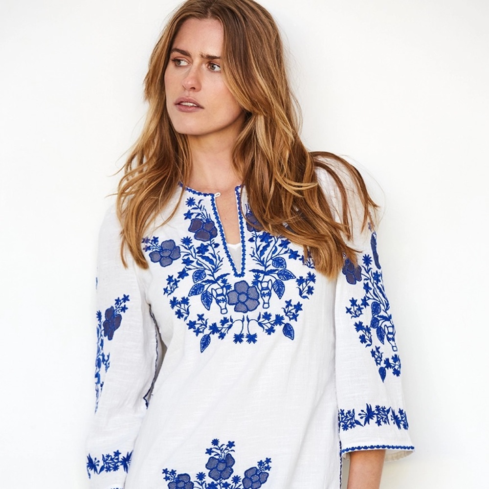Antik Batik Vana Long Dress, blue and white, embroidered.